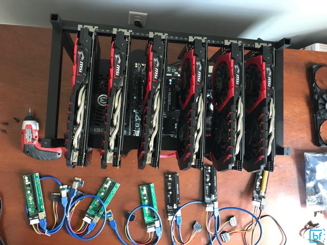 GPUs sitting on rig frame