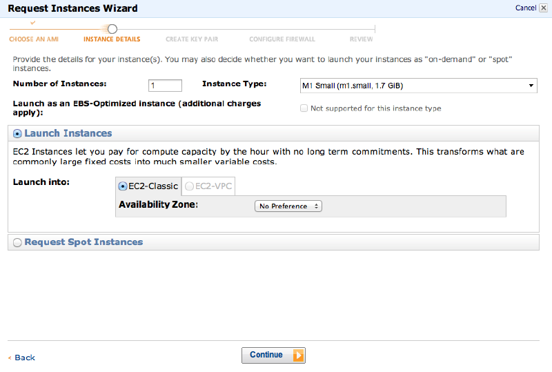 Requst Instance Wizard:Instance Details
